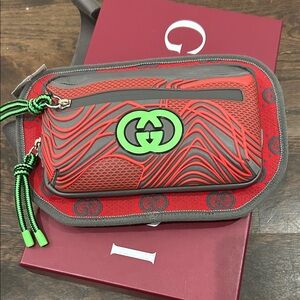Gucci Red and Gray Belt Bag with Green Accents